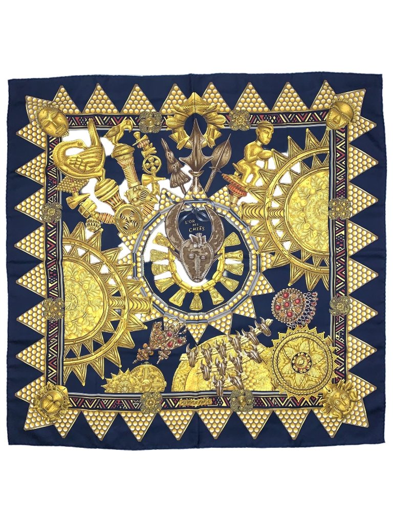 Hermes Carre 90 L'or Des Chefs Silk Yellow Navy Scarf